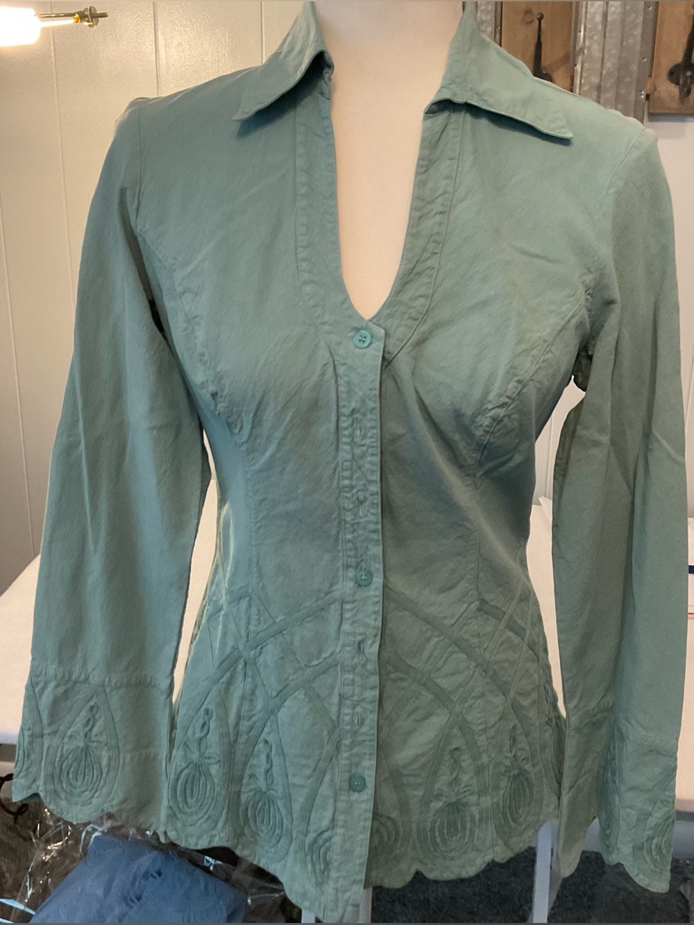 Gretty Zueger Women’s Sage Green Embroidered Button-Front Shirt